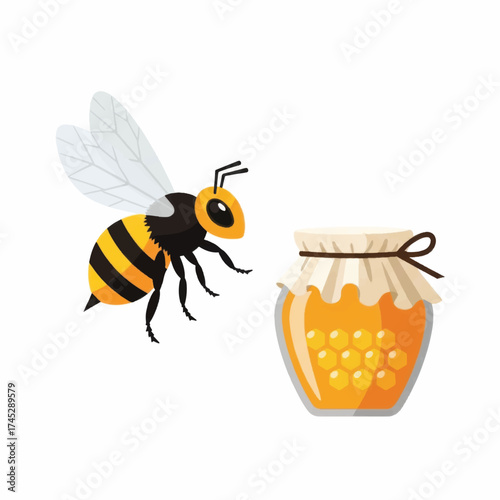 Honeybee flying towards a jar of honey.