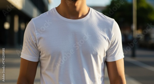 Close-up of a man modeling a plain white t-shirt at sunset.