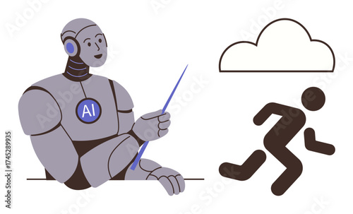 AI robot pointing with a stick, guiding a running figure towards a cloud. Ideal for technology, innovation, AI assistance, cloud computing, automation, guidance progress. Simple flat metaphor