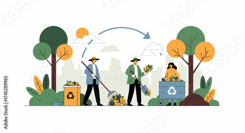 Autumn Leaves Recycling With People Working Outdoors Illustration