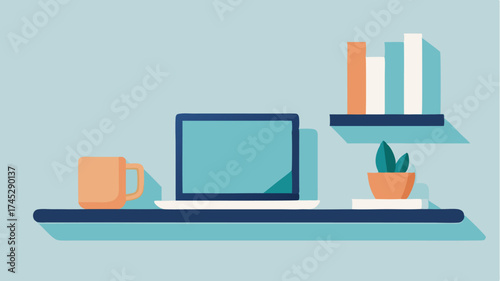 A floating shelf displaying a neatly arranged laptop alongside a coffee cup with a few tered notebooks in muted tones for a serene atmosphere.