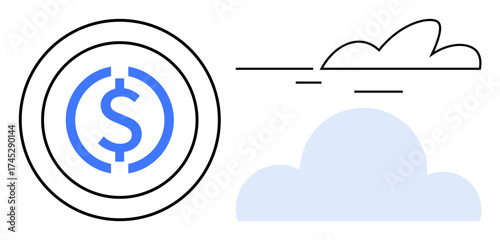 Coin with dollar sign encircled by lines beside minimalistic cloud shapes. Ideal for fintech, cryptocurrency, digital economy, cloud computing, innovation, finance, sustainability. Simple flat