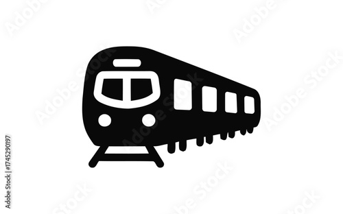 Minimalist graphic of a forward-moving train or subway on a white background