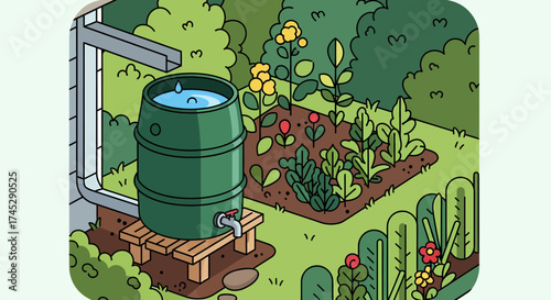 Cartoon Style Rainwater Harvesting System In A Lush Garden