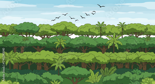 Cartoon Illustration Of Lush Jungle Landscape With Birds Flying