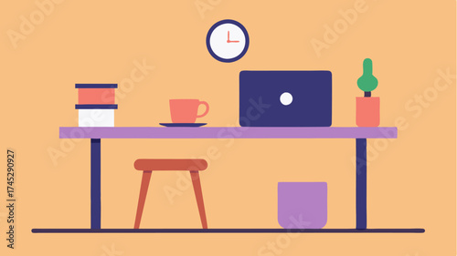A compact workspace with a minimalist metal desk housing a closed laptop a vibrant coffee cup and a simple wall clock in the background.