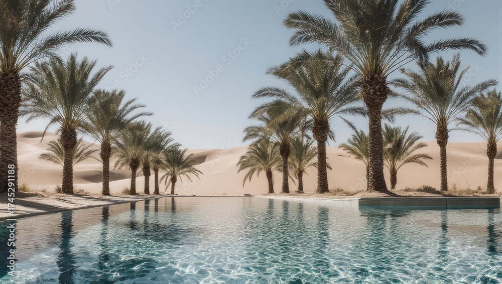 Fototapeta premium Tranquil desert oasis features a shimmering pool bordered by palm trees, dunes in the background
