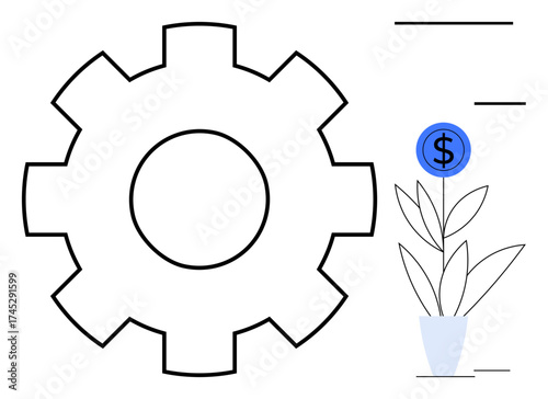Large gear alongside a potted plant featuring a dollar coin as a flower. Ideal for business growth, efficiency, innovation, strategy, investment, planning, and sustainability. Simple flat metaphor