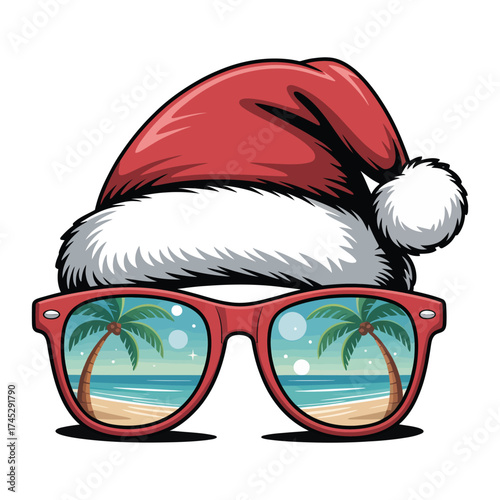 Tropical Beach Christmas Sunglasses Vector Illustration, Summer Holiday Santa Hat T-shirt Design