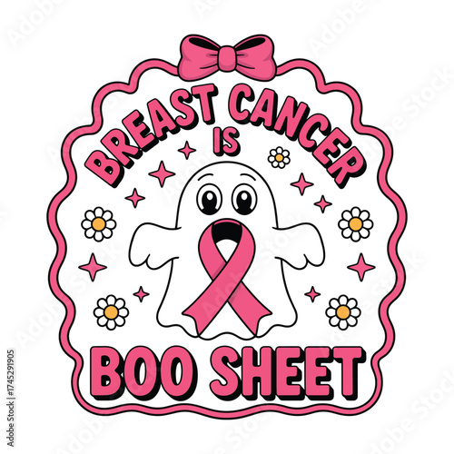 Breast Cancer Awareness Vector, Cute Ghost Boo Sheet T-shirt Design with Pink Ribbon Witch Hat