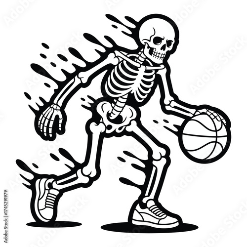 Skeleton Playing Basketball Vector, Spooky Sport T-shirt Design Illustration with Dribbling Skull