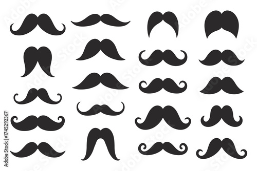 Set of flat simple mustache silhouettes in various shapes. Minimal vector collection for barbershop, men style and retro design.