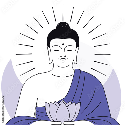 Buddha illustration meditating with lotus flower and spiritual aura eps silhouette
