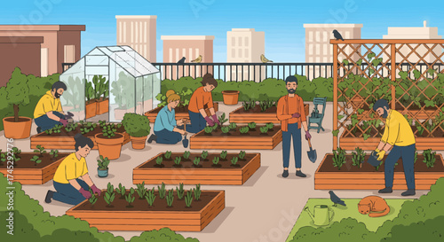 Community Garden On City Rooftop With People Growing Vegetables