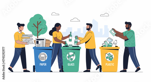 Community Recycling Initiative Diverse People Sorting Materials Into Bins