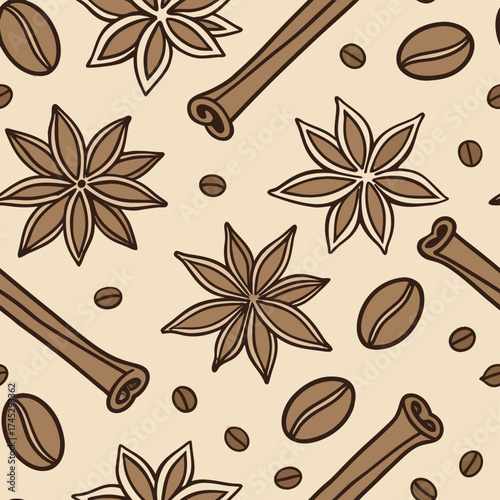 Seamless pattern coffee beans anise star cinnamon sticks beige background eps silhouette