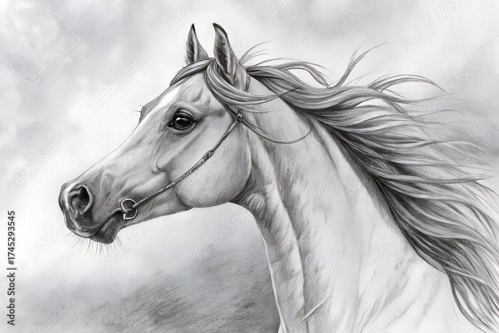Fototapeta premium Elegant Horse Portrait in Pencil Sketch 