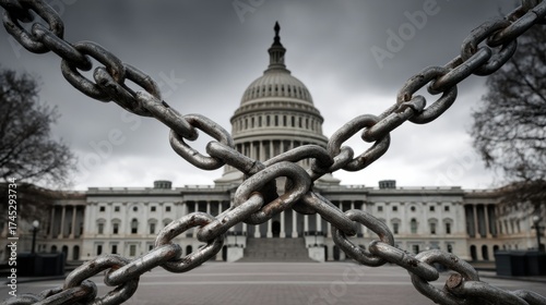 United States Capitol building chained shut symbolizing government shutdown, restriction, and political stalemate in America