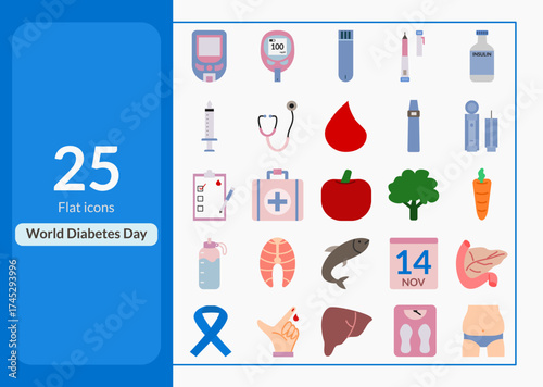 simple flat style icon set of world diabetes day with medical tools fruit ribbon and health symbol on white background. perfect for poster flyer and awareness campaign.