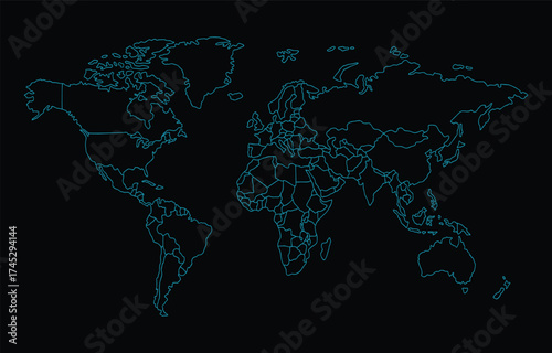 Modern world map with neon blue lines on black background, digital futuristic global geography vector illustration