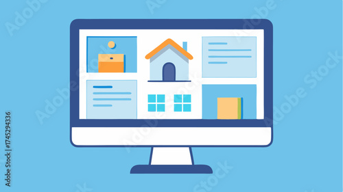 A desktop computer displaying a property listing webpage with images descriptions and contact information.
