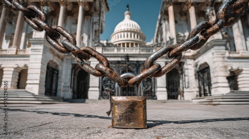 United States Capitol building chained shut symbolizing government shutdown, restriction, and political stalemate in America