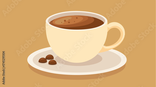 A closeup of a coffee cup resting on a saucer with a sprinkle of cocoa powder on top and a delicate s beside it.