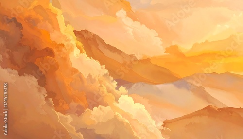 Sunrise over a mountainous, cloudy landscape.  Soft, warm hues