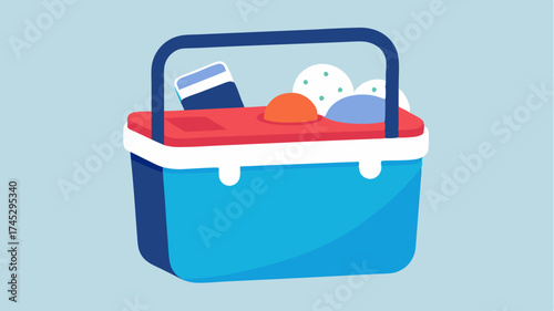 A design showing a durable cooler packed with ice and snacks emphasizing its thick insulation and easygrip handles.