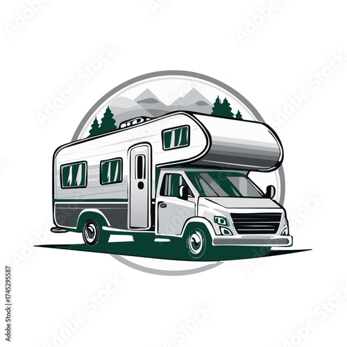 Class C motorhome RV vector illustration with a mountain forest landscape badge for travel and camping