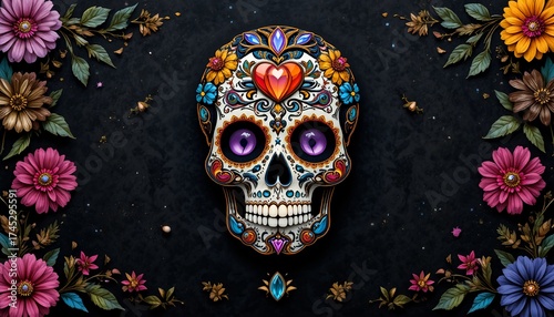 Ornate Sugar Skull with Vibrant Floral Surroundings, Featuring Purple Eyes, Heart Motif, and Gemstone Accents on a Dark Background.