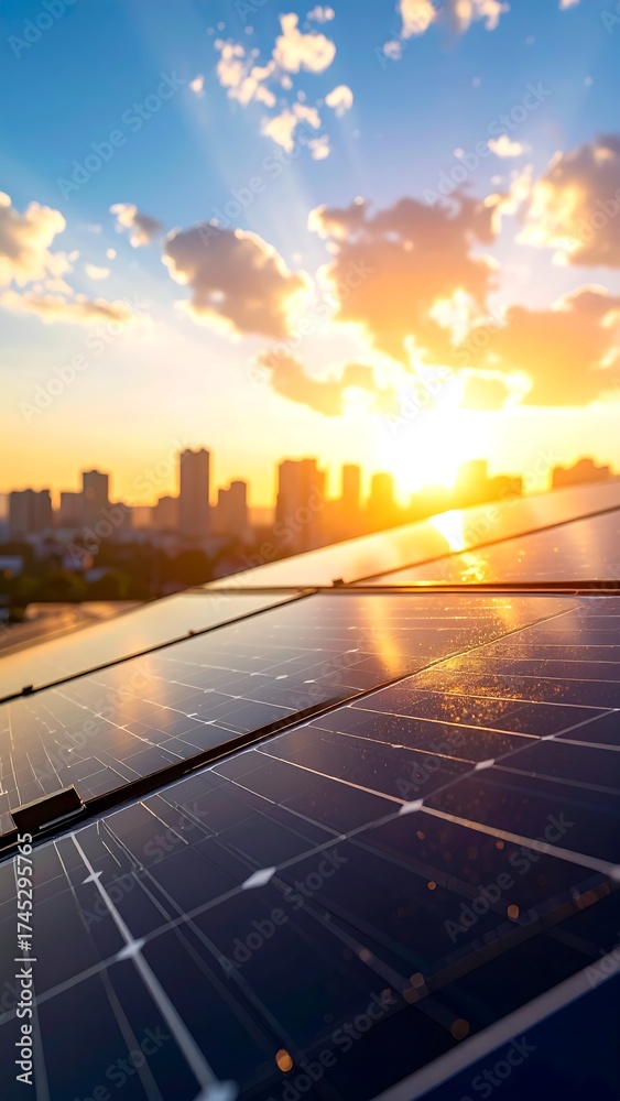 Fototapeta premium Rooftop solar panels at sunset over a city