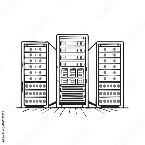 Hand drawn illustration of interconnected server racks symbolizing digital technology and cloud computing infrastructure