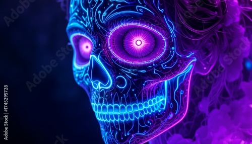 Neon-lit skull with intricate glowing patterns, vibrant purple eyes, and blue accents set against a dark background. The futuristic design blends digital art with cultural elements.