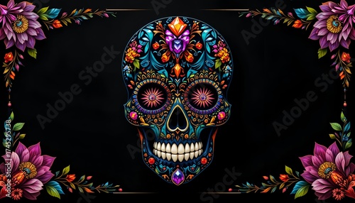Artistic Sugar Skull look with colorful gemstones and floral decorations, black matte background.