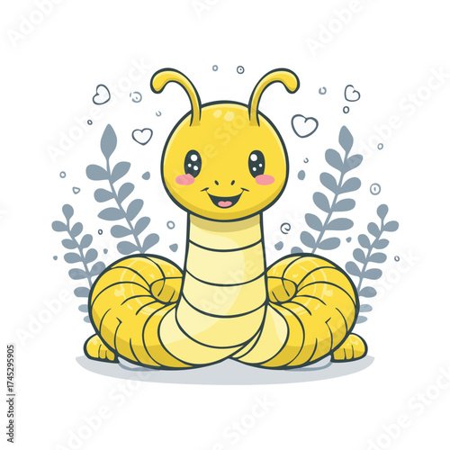 Cute Yellow Caterpillar Smiling Cartoon Illustration Design for Kids
