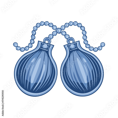 Pair of blue, traditional hand percussion instruments, castanets with beaded cords on white background