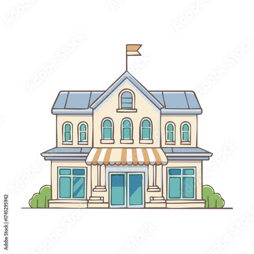 Cute cartoon building with awnings and flag for business or residential use