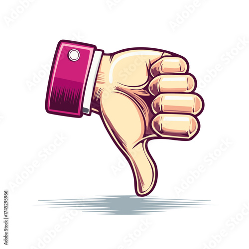 Cartoon thumb down gesture with purple cuff and stripe detail casting shadow