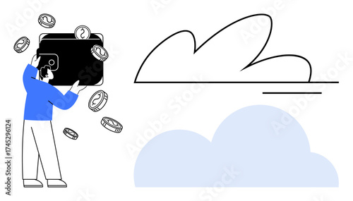 Man handling large wallet with coins, symbolizing online financial management. Cloud element emphasizes remote access. Ideal for fintech, savings, blockchain, investment, security, technology