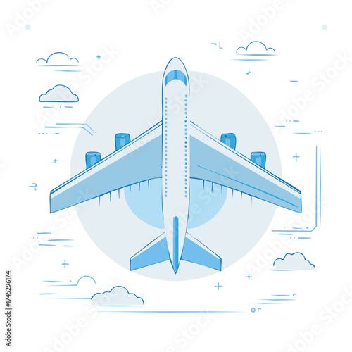 Minimalist light blue airliner illustration from above, symbolizing global air travel, business, and adventure.