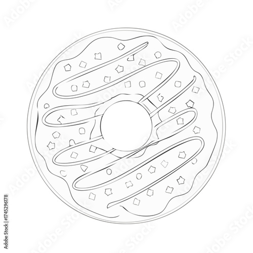 Outline drawing of a sweet iced donut with sprinkles and drizzles