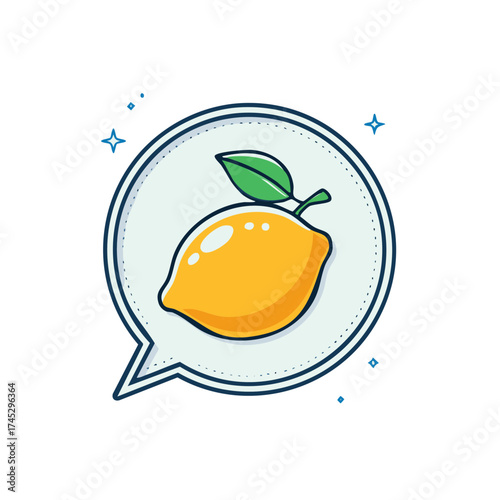 Cute cartoon lemon fruit with green leaf inside a speech bubble icon for fresh talk and healthy food concepts