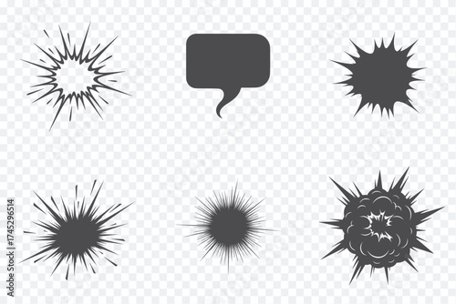 Collection of six black icons including explosion shapes and a speech bubble, ideal for graphic design and UI elements.