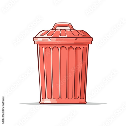 Red Plastic Trash Can with Lid Isolated on White Background Garbage Bin Container