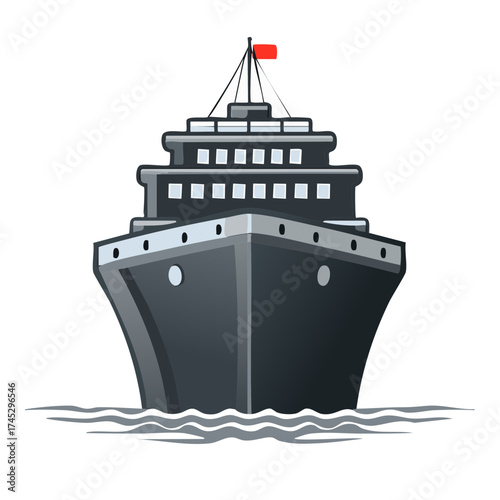 Stylized passenger cruise ship sailing on water front view with a vibrant red flag illustration