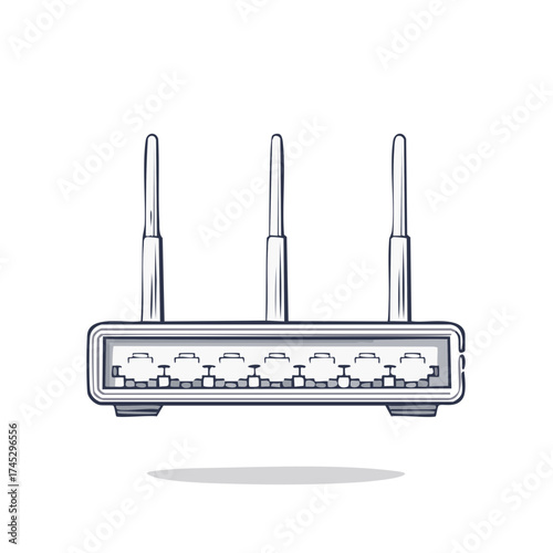 Network Router with Three Antennas and Ethernet Ports Hand Drawn Illustration