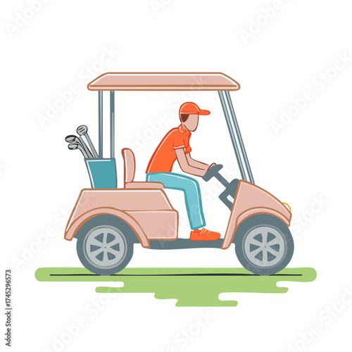 Man driving golf cart with golf clubs in green field, simple vector illustration