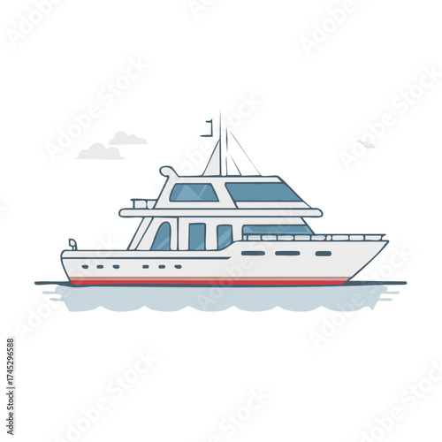 Luxury Motor Yacht Illustration, Nautical Vessel, Modern Design, Maritime Transportation on Water Surface and Clouds in the Background