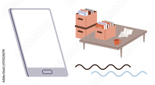 Mobile device alongside desk holding organized file boxes, documents, and a cup, wavy lines representing workflows. Ideal for productivity, organization, digital transformation, work-life balance